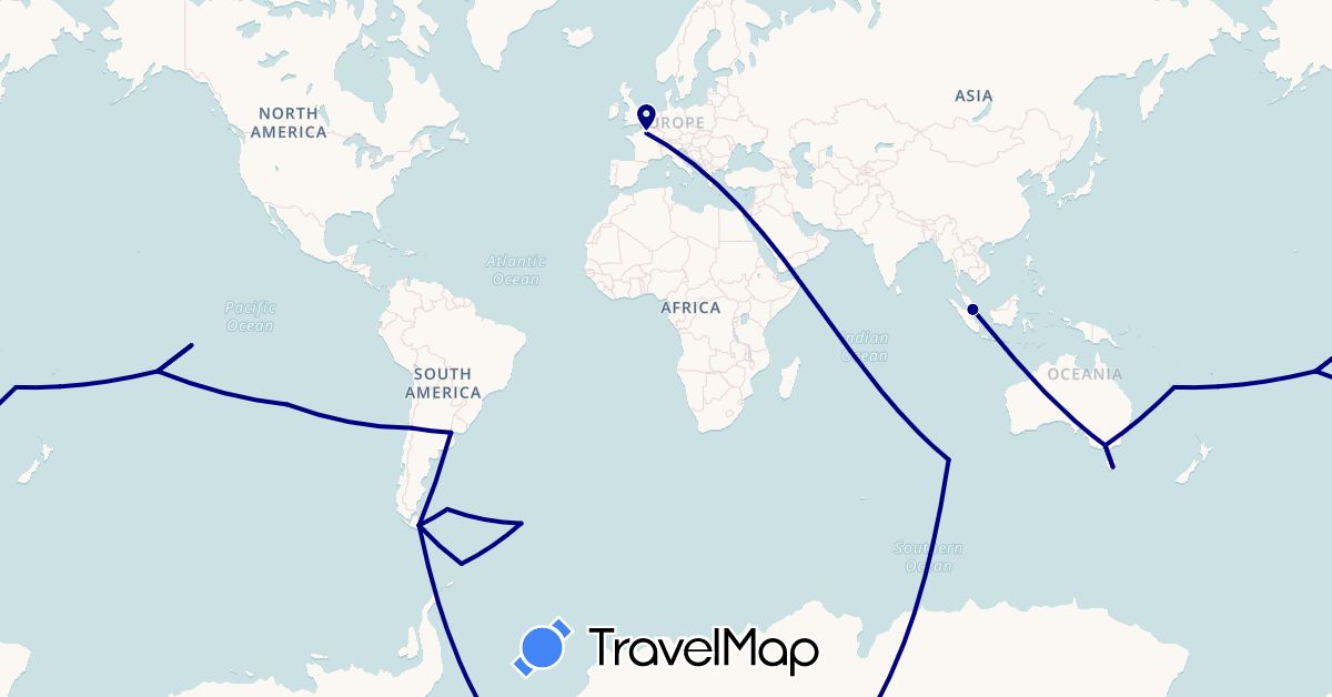TravelMap itinerary: driving in Antarctica, Argentina, Australia, Chile, Falkland Islands, France, South Georgia and the South Sandwich Islands, New Caledonia, French Polynesia, Singapore (Antarctica, Asia, Europe, Oceania, South America)